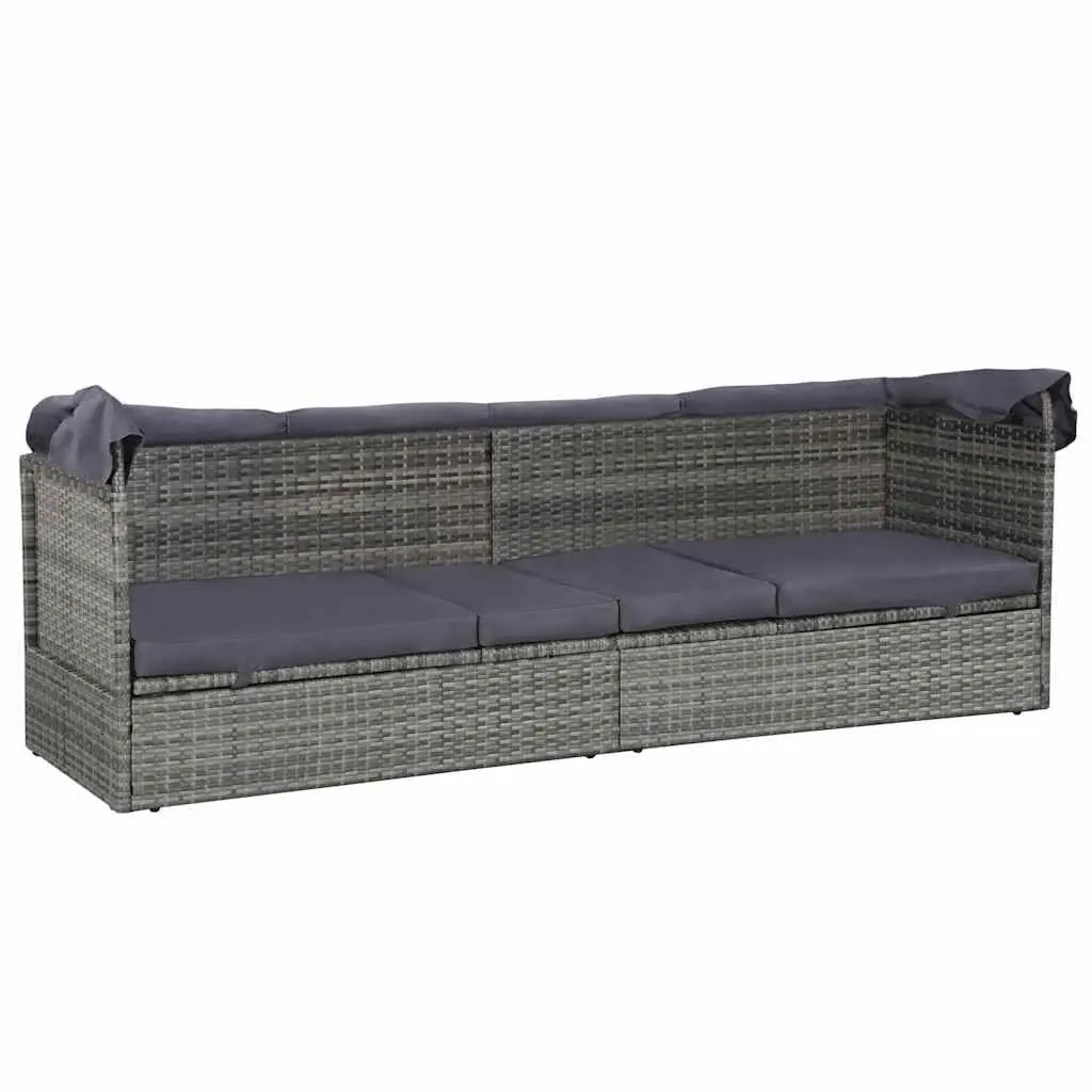 Sun Lounger Garden Reclining Bed with Canopy Grey Outdoor Poly Rattan 205 x 62 cm