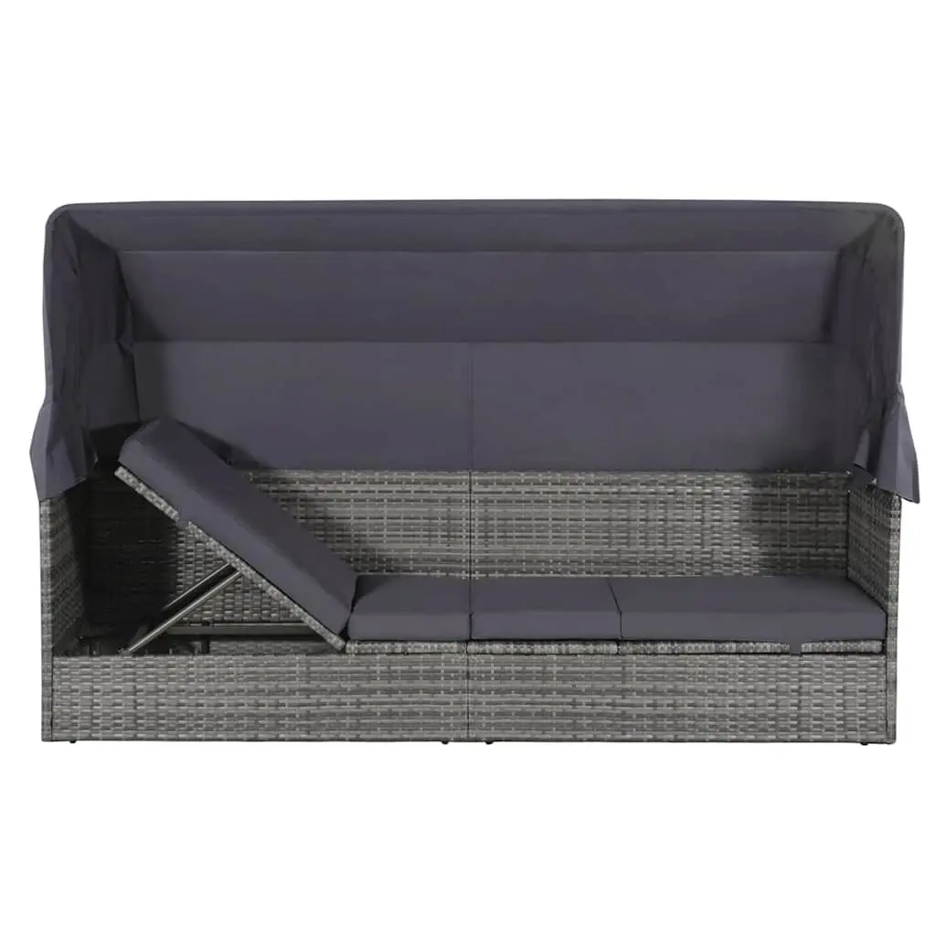 Sun Lounger Garden Reclining Bed with Canopy Grey Outdoor Poly Rattan 205 x 62 cm