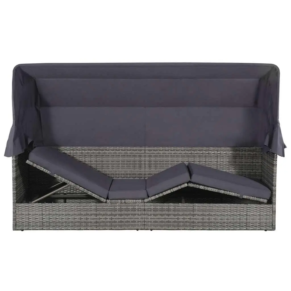 Sun Lounger Garden Reclining Bed with Canopy Grey Outdoor Poly Rattan 205 x 62 cm
