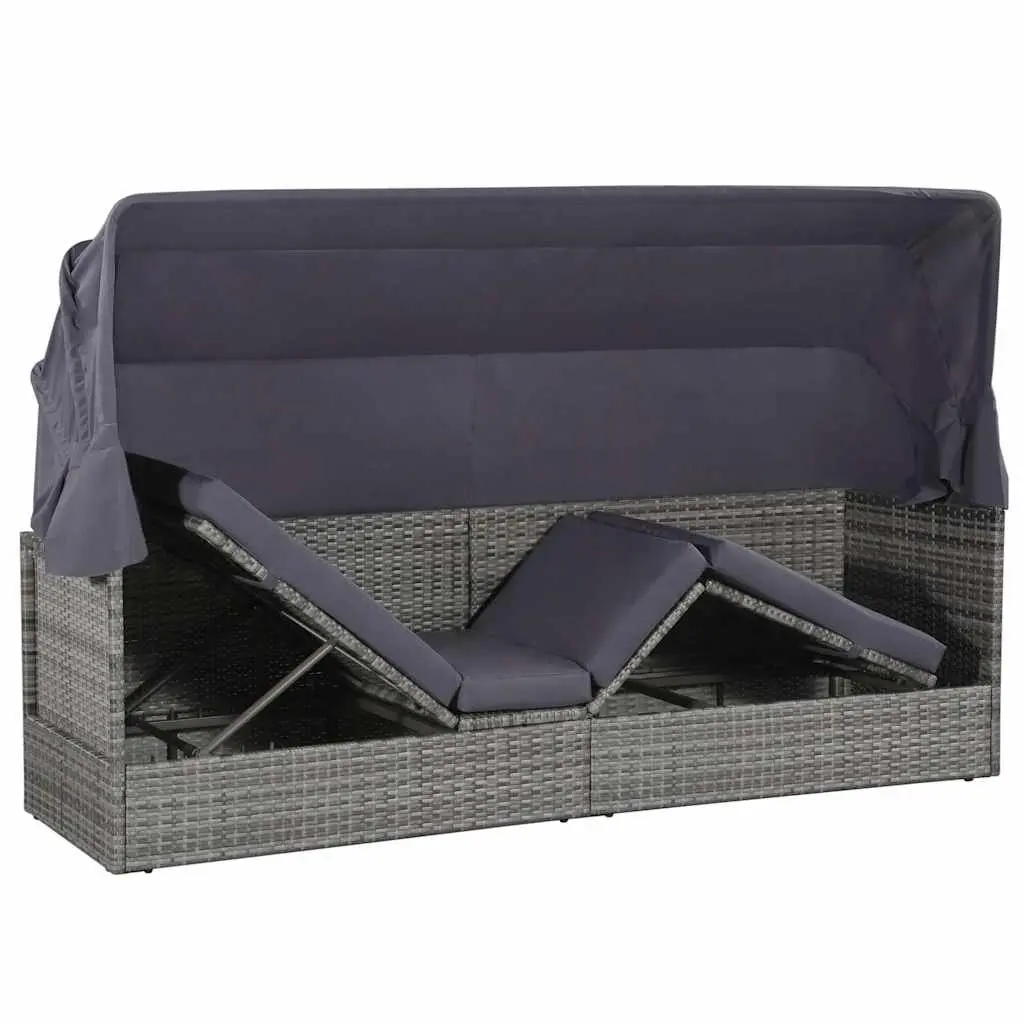 Sun Lounger Garden Reclining Bed with Canopy Grey Outdoor Poly Rattan 205 x 62 cm