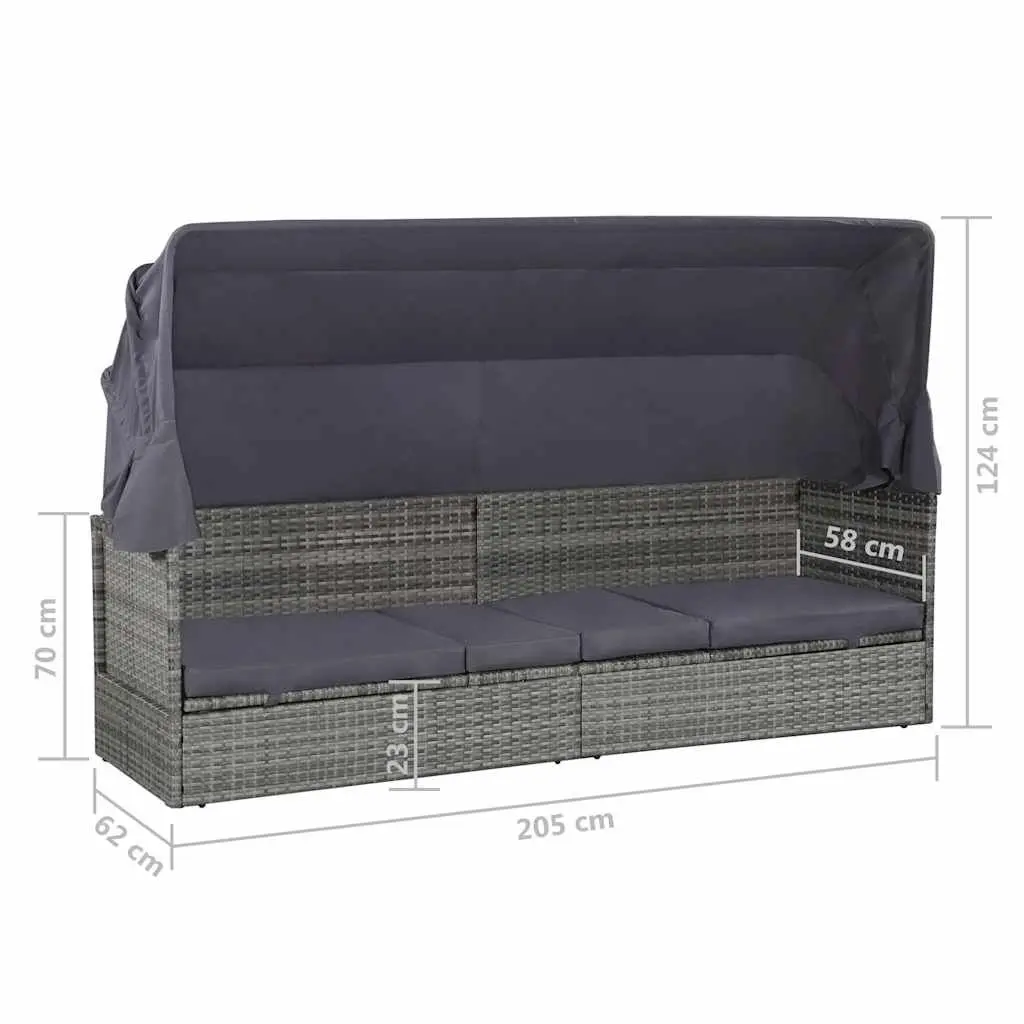Sun Lounger Garden Reclining Bed with Canopy Grey Outdoor Poly Rattan 205 x 62 cm