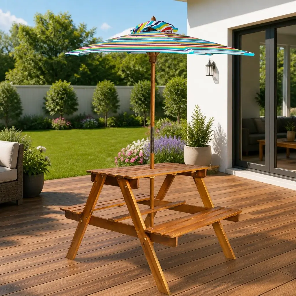 Kids Picnic Table Set with Benches and Parasol Outdoor Garden Furniture Brown 79 x 90 x 60 cm