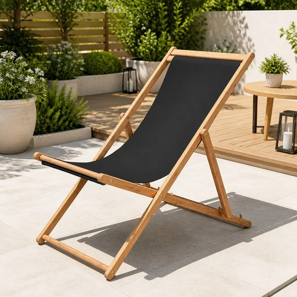 Folding Beach Chair Reclining Outdoor Garden Patio Seat Grey Wooden Frame
