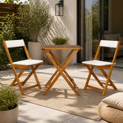 3 Piece Folding Bistro Set with Cushions Solid Acacia Wood Garden Patio