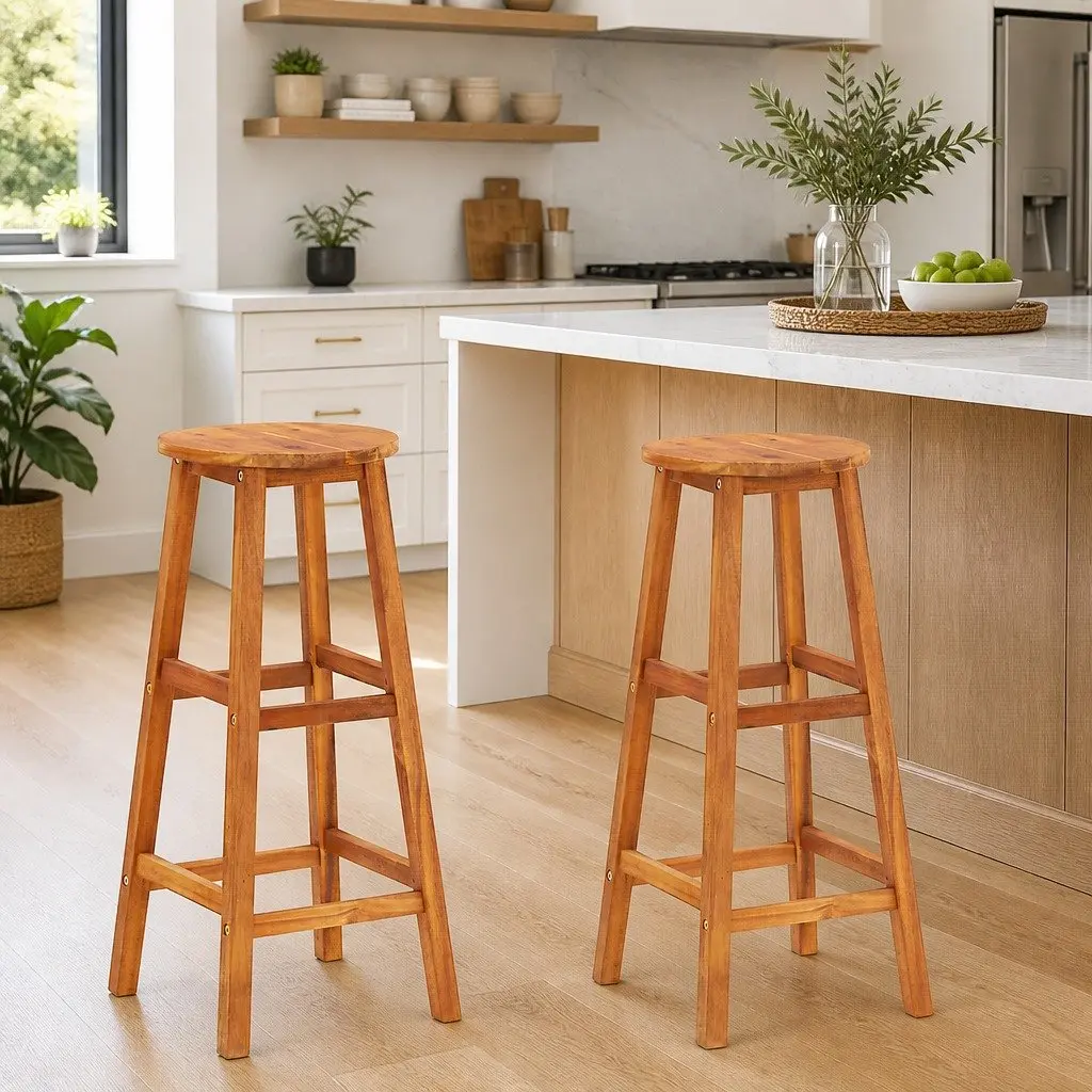 Bar Stools 2 pcs Solid Acacia Wood Kitchen Dining Footrest Brown
