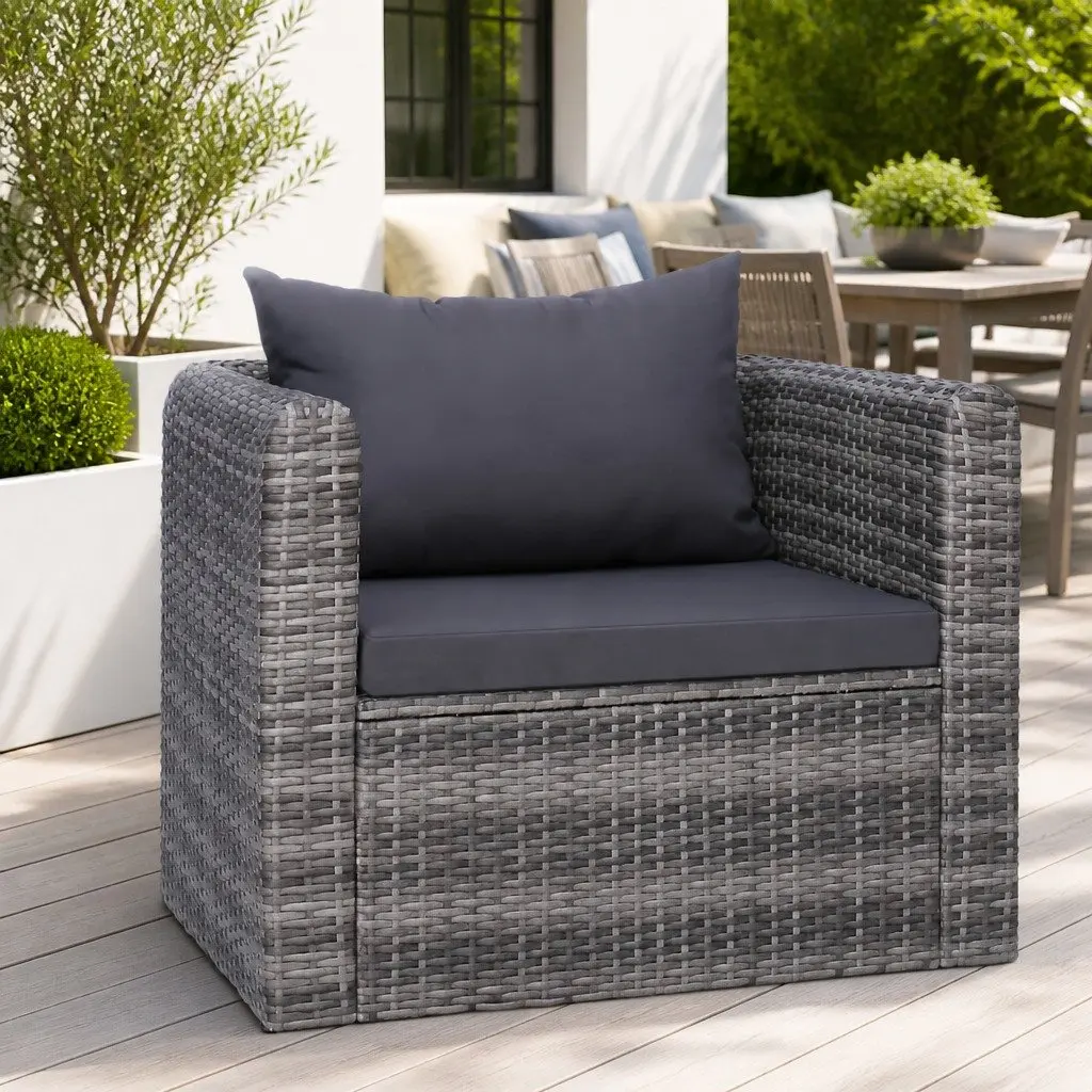 Garden Chair Outdoor Seating Grey Poly Rattan with Cushion and Back Pillow