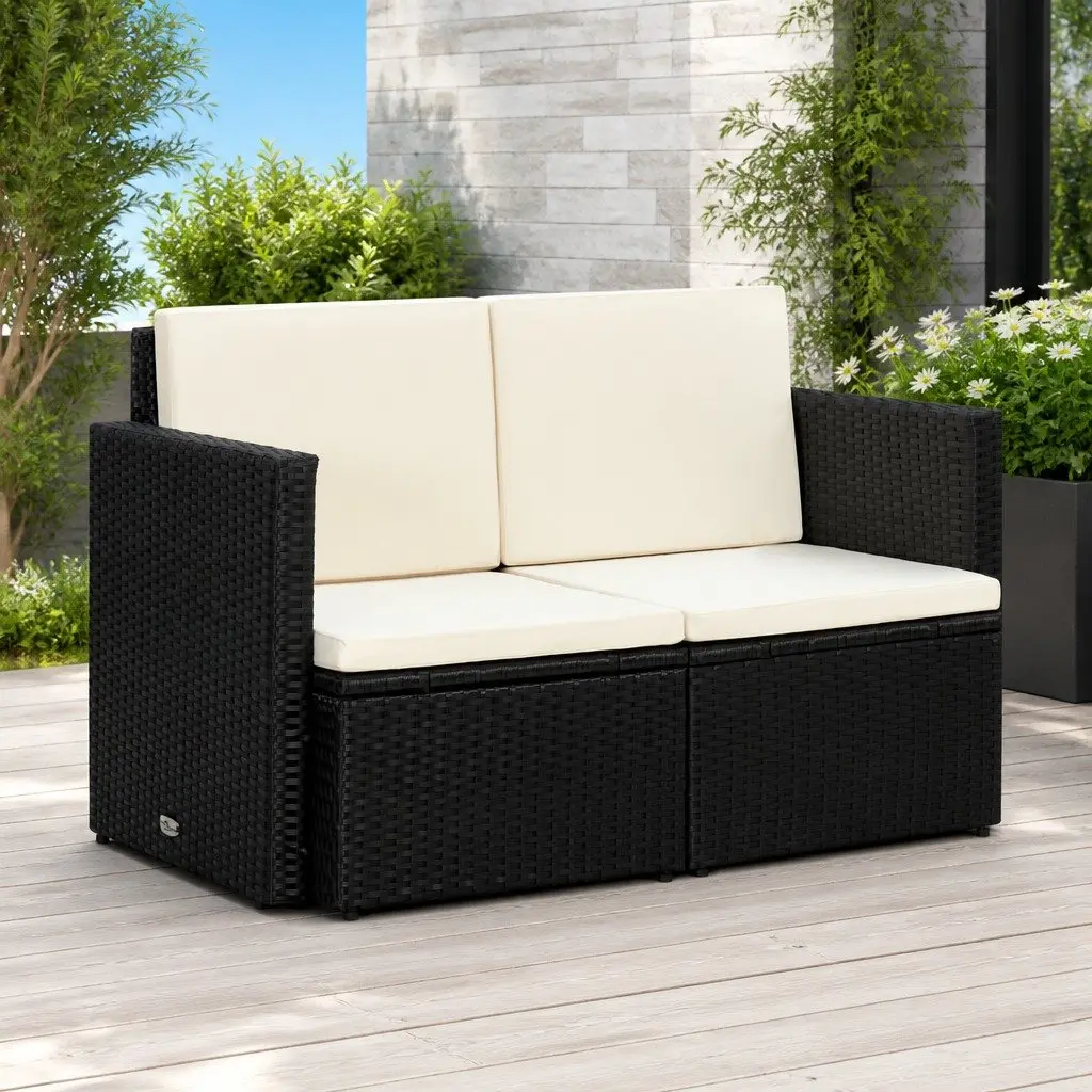 2 Seater Outdoor Sofa Garden Patio Furniture Black Poly Rattan with Cushions