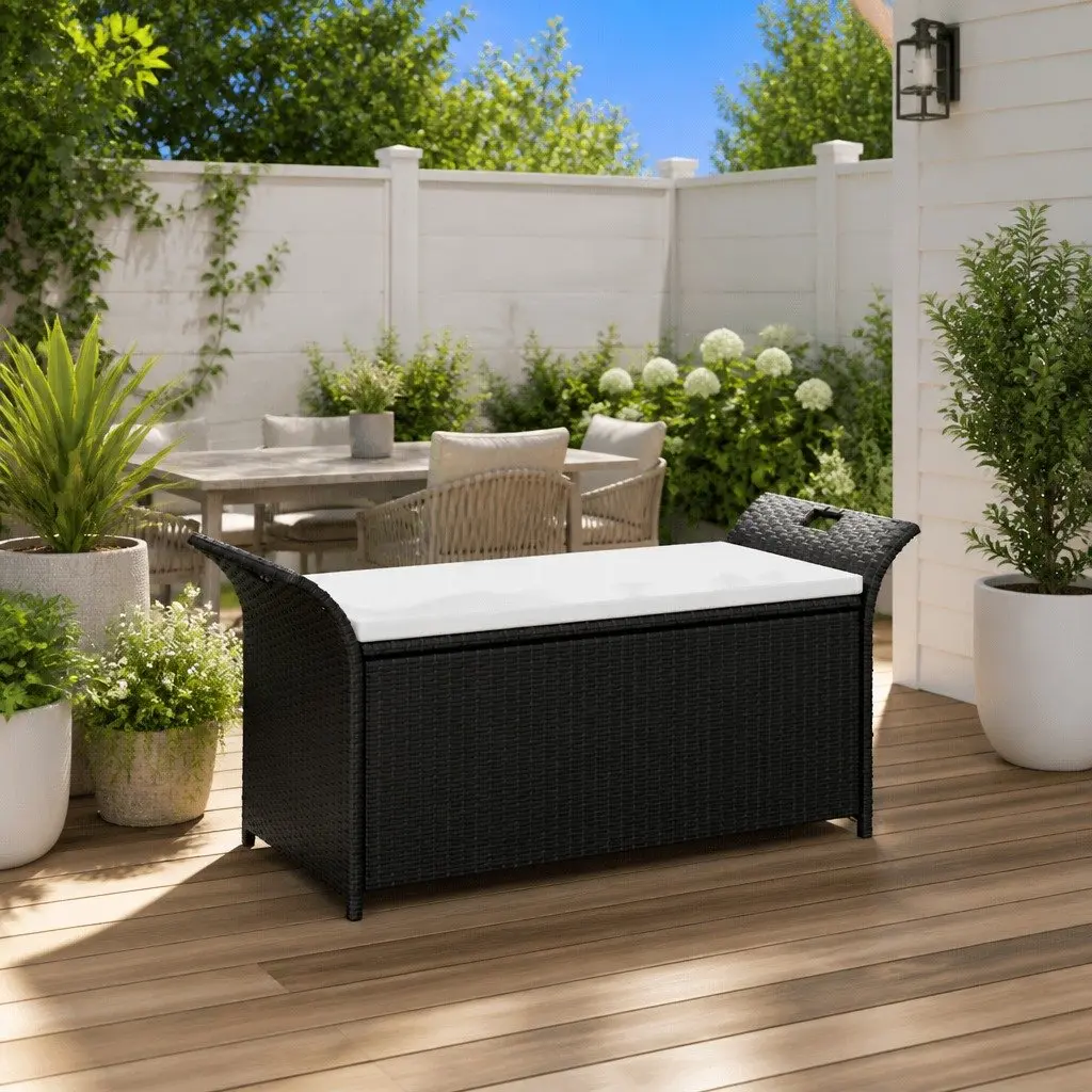 Outdoor Storage Bench 138 cm Garden Seating Poly Rattan Brown