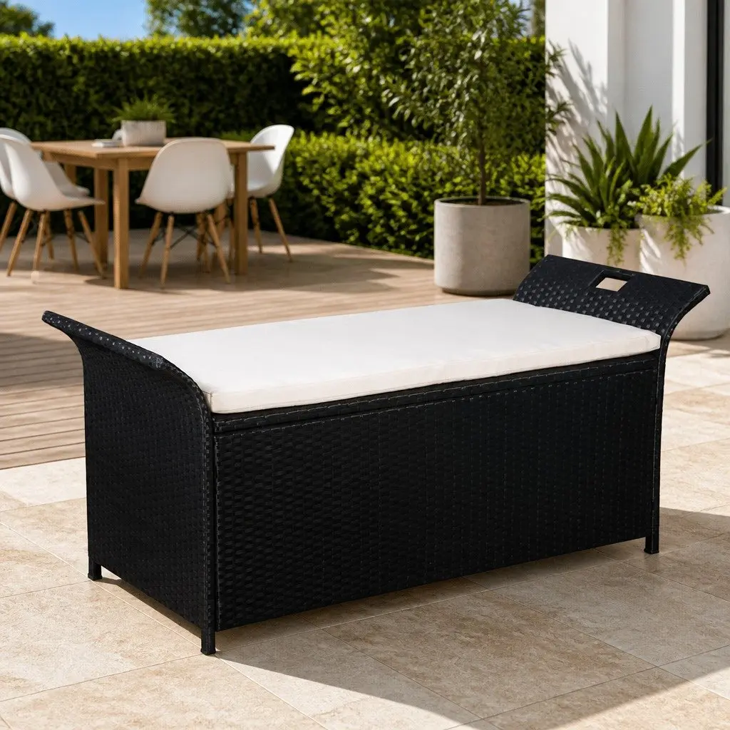 Outdoor Storage Bench 138cm Garden Seating Black Poly Rattan with Cushion
