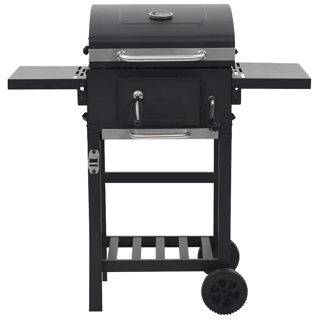 Charcoal BBQ Grill Outdoor Cooking Black with Bottom Shelf and Integrated Thermometer