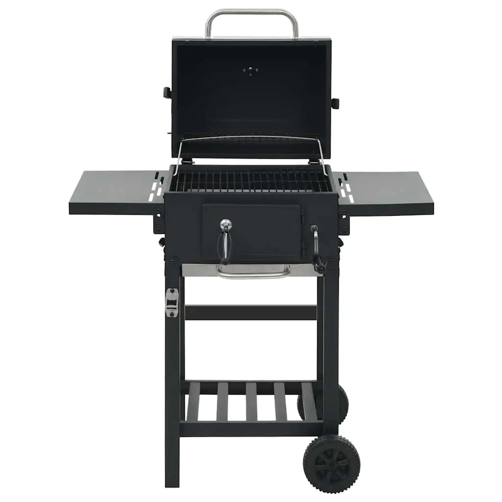 Charcoal BBQ Grill Outdoor Cooking Black with Bottom Shelf and Integrated Thermometer