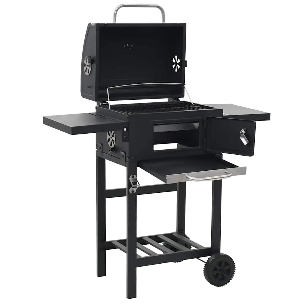 Charcoal BBQ Grill Outdoor Cooking Black with Bottom Shelf and Integrated Thermometer
