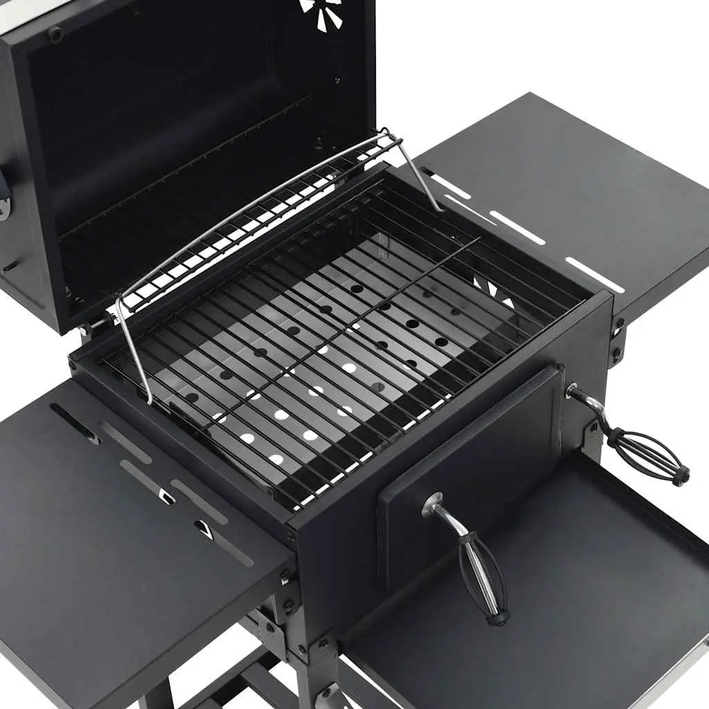 Charcoal BBQ Grill Outdoor Cooking Black with Bottom Shelf and Integrated Thermometer