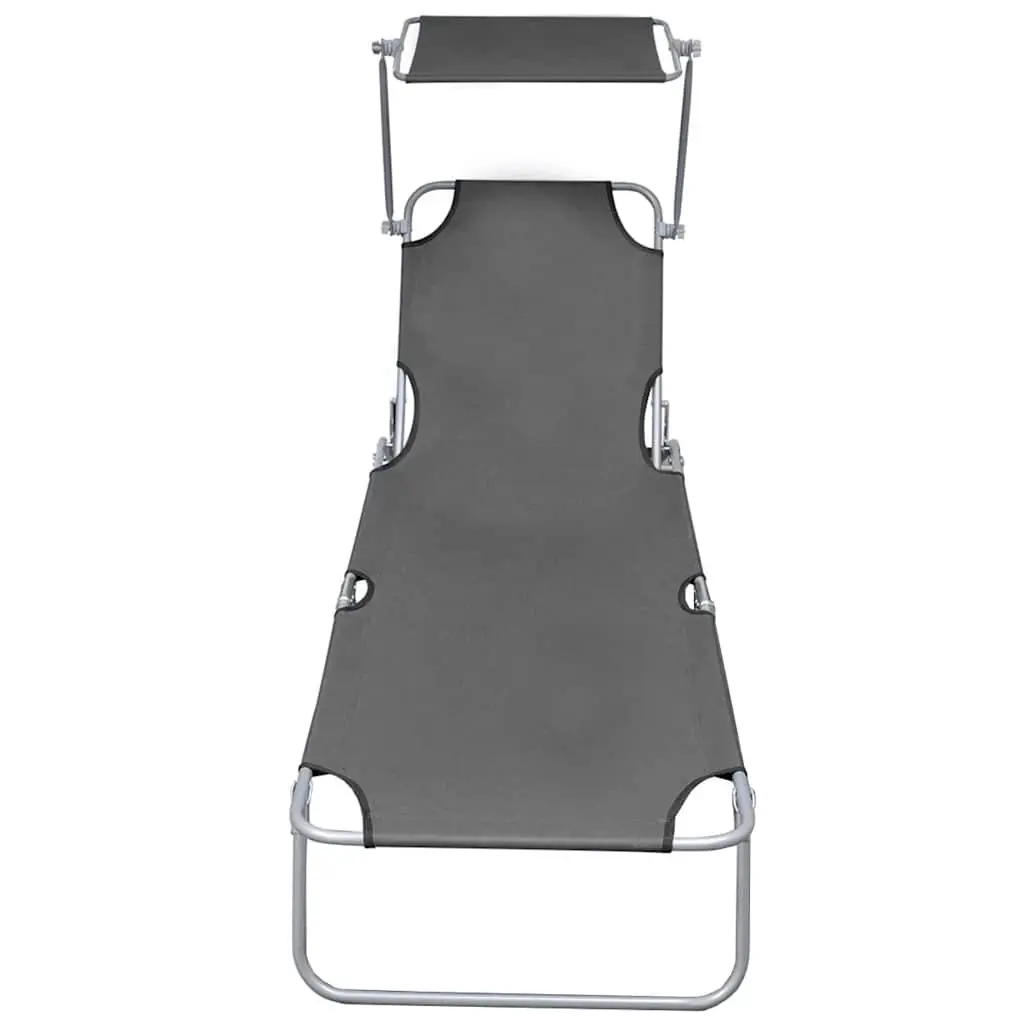 Adjustable Folding Sun Lounger with Canopy Grey Steel Frame Outdoor Garden Beach