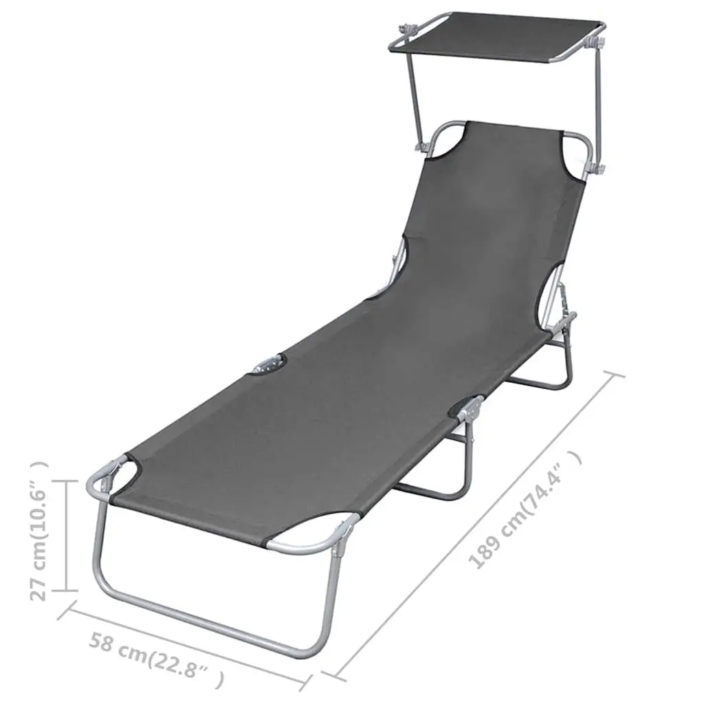 Adjustable Folding Sun Lounger with Canopy Grey Steel Frame Outdoor Garden Beach