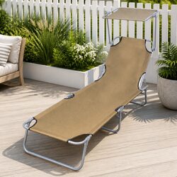 Sun Lounger Folding Chair with Canopy Adjustable Backrest Garden Beach Taupe