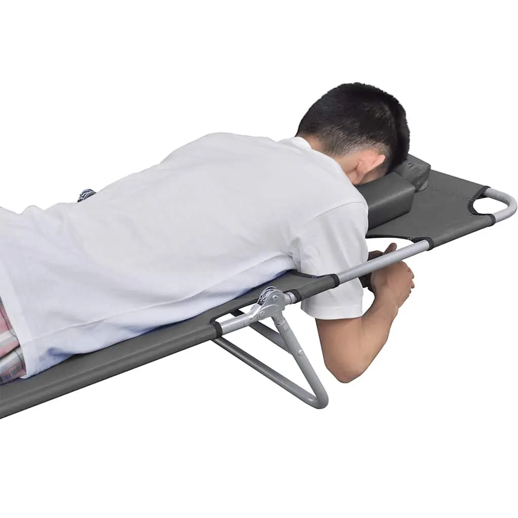 Foldable Sun Lounger Adjustable Backrest Head Cushion Grey