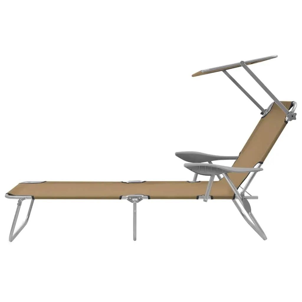 Folding Sun Lounger Adjustable Canopy Outdoor Sunbed Garden Beach Recliner Taupe