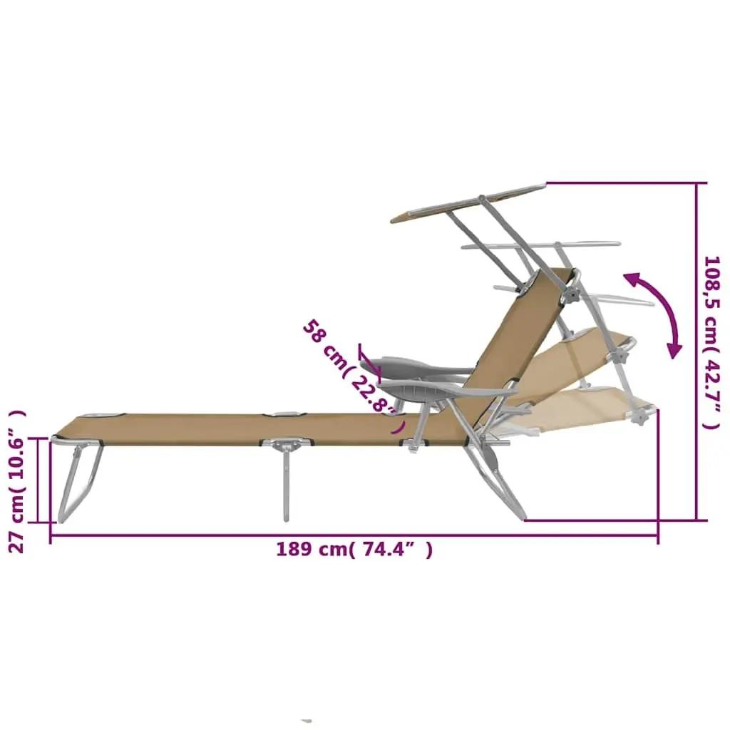Folding Sun Lounger Adjustable Canopy Outdoor Sunbed Garden Beach Recliner Taupe