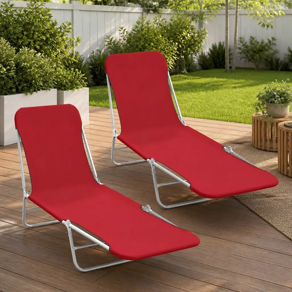 Sun Loungers Adjustable Backrest Foldable 2 pcs Garden Beach Outdoor Seating Red