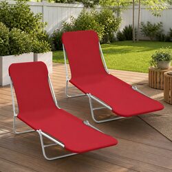 Sun Loungers 2 pcs Foldable Adjustable Backrest Garden Beach Outdoor Seating Red