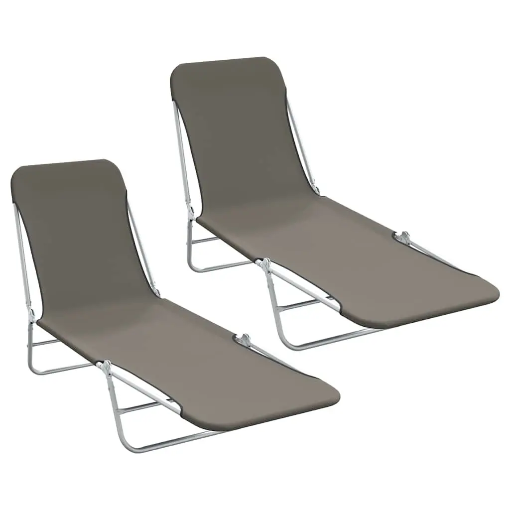 Folding Sun Loungers Adjustable Backrest 2pc Set Garden Beach Chairs Grey