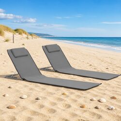 Folding Beach Chair Set 2 pcs Sun Lounger Recliner Steel Frame Fabric Grey