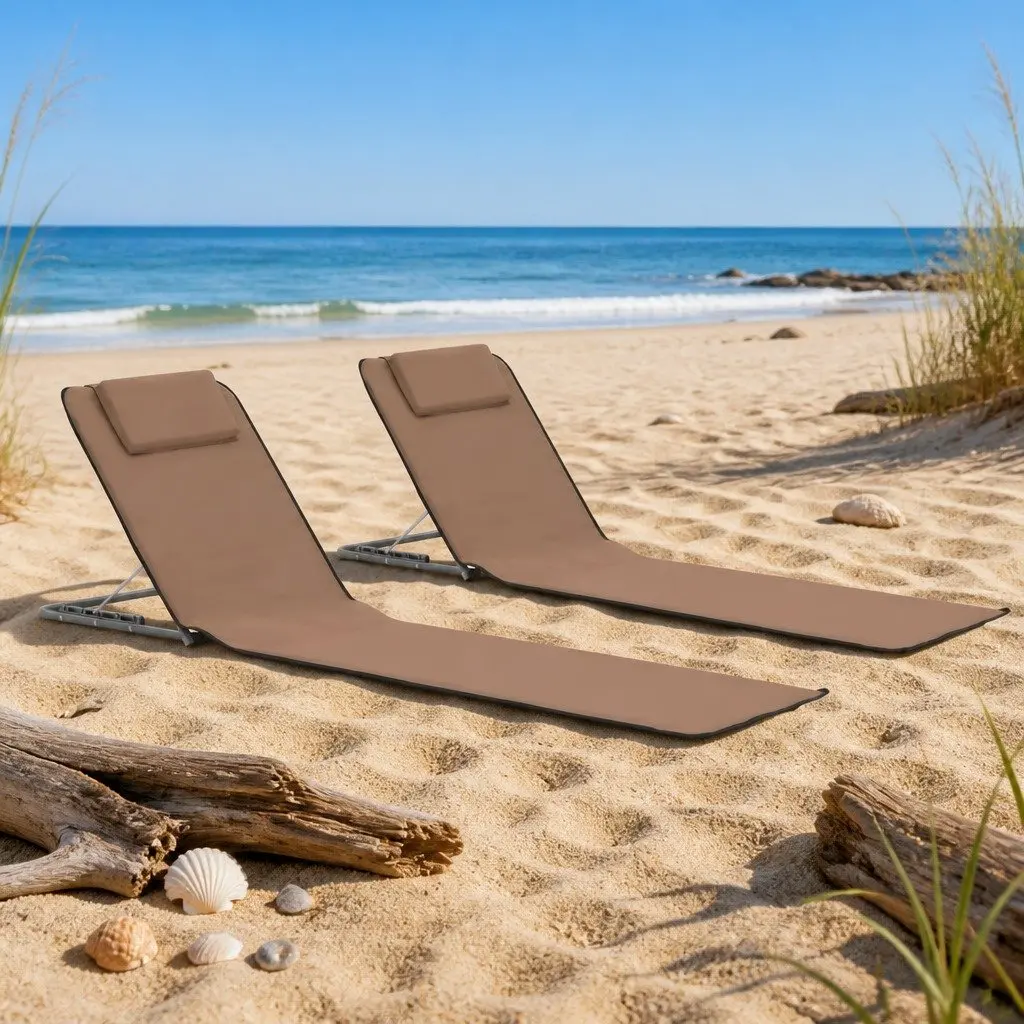 Folding Beach Mats Adjustable Backrest 2 Piece Brown Steel Frame Fabric Lounger Chair Set