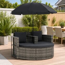 2 Seater Outdoor Garden Sofa Set with Footrest Parasol Grey Poly Rattan Patio