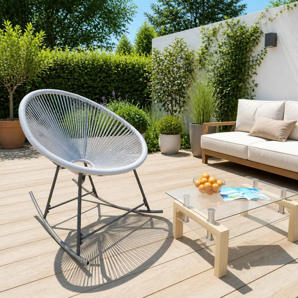 Outdoor Rocking Moon Chair Grey Poly Rattan Garden Furniture