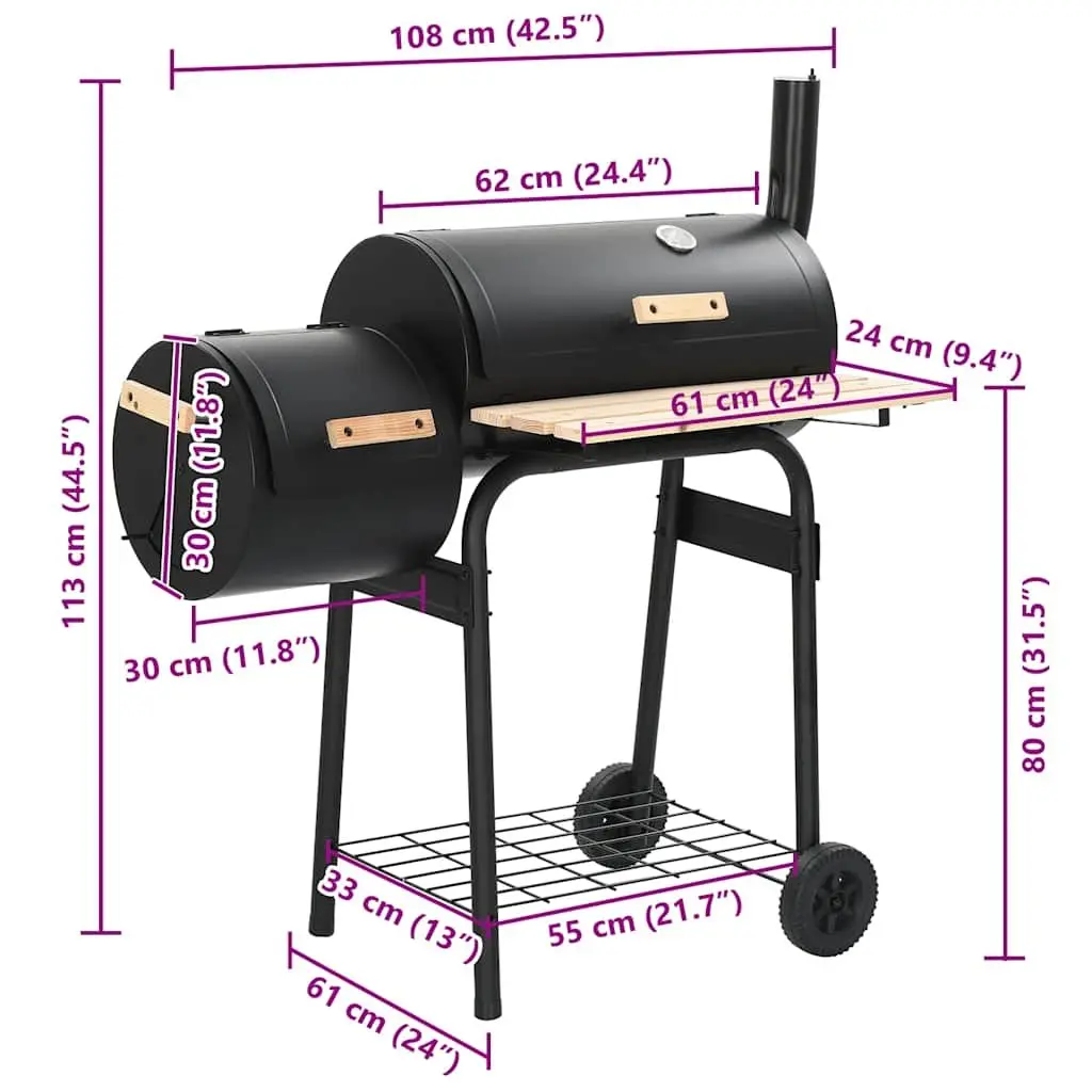 Offset Smoker Grill Cooking Chamber Firebox Outdoor Black