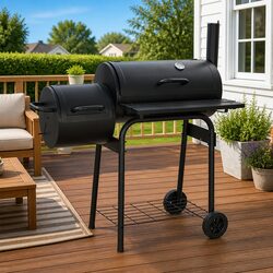 Charcoal BBQ Offset Smoker Black Cooking Chamber Firebox Outdoor Grill