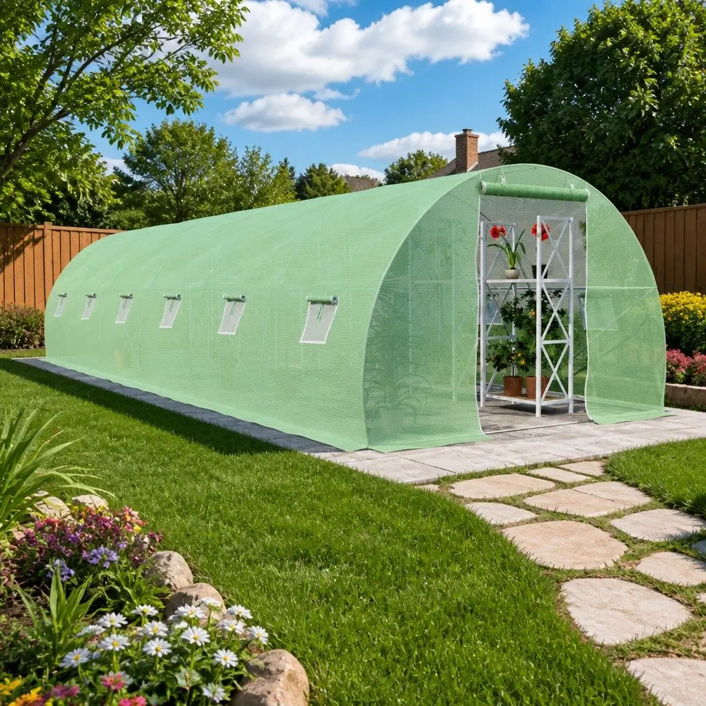Greenhouse 27 m² Garden Plant House 900x300x200 cm Green PE Mesh Fabric with Ventilation Windows and Door