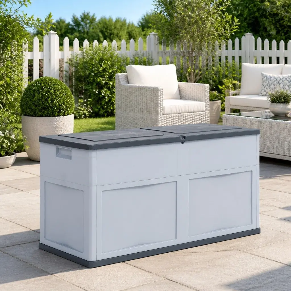 Garden Storage Box 320L Outdoor Weatherproof Plastic Deck Patio Organizer Grey