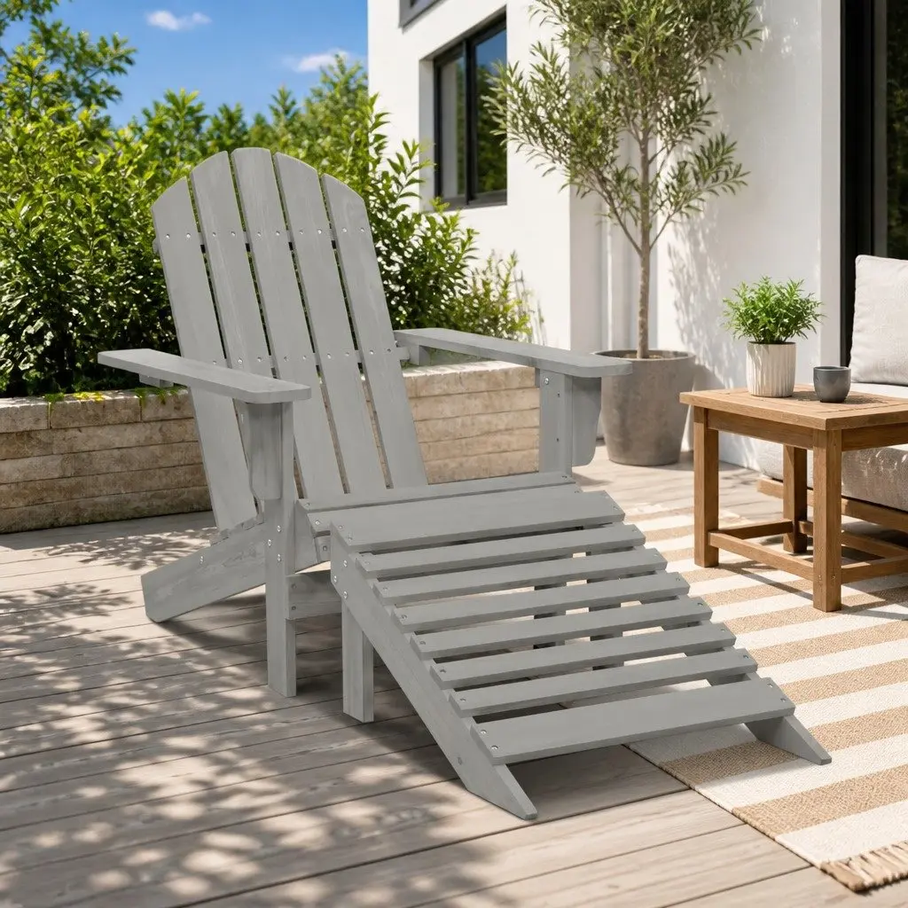 Garden Chair Ottoman Set Outdoor Seating Grey Wooden Armchair