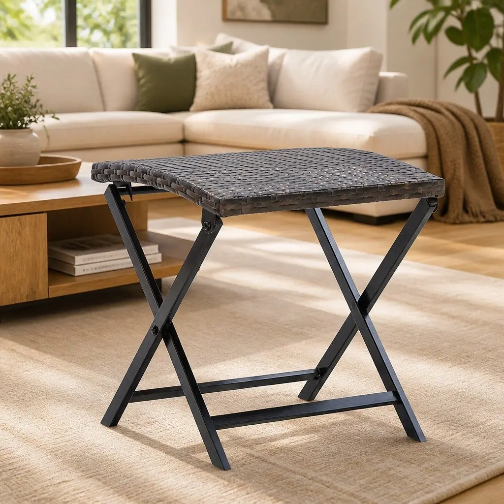 Folding Stool with Rattan and Steel Build