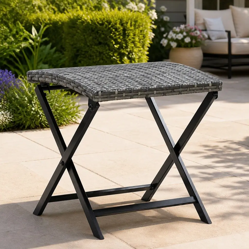 Folding Stool Outdoor Grey Rattan Seat Lightweight Portable Footrest Garden