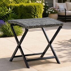 Folding Stool Outdoor Grey Rattan Seat Lightweight Portable Footrest Garden