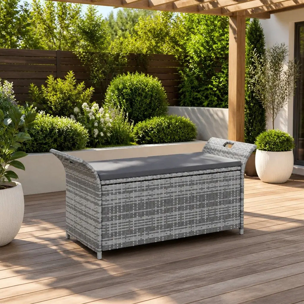 Outdoor Storage Bench Grey 138cm Garden Rattan Seating Box