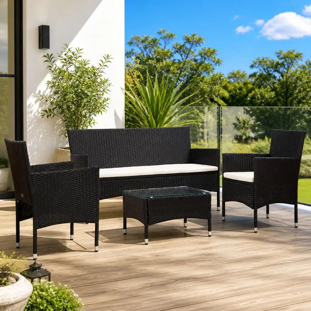 Outdoor Lounge Set Garden Furniture PE Rattan Sofa Table Cushions 4 Piece Black