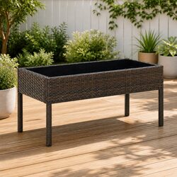 Garden Table Brown Outdoor Patio Furniture Poly Rattan Glass Top Steel Frame