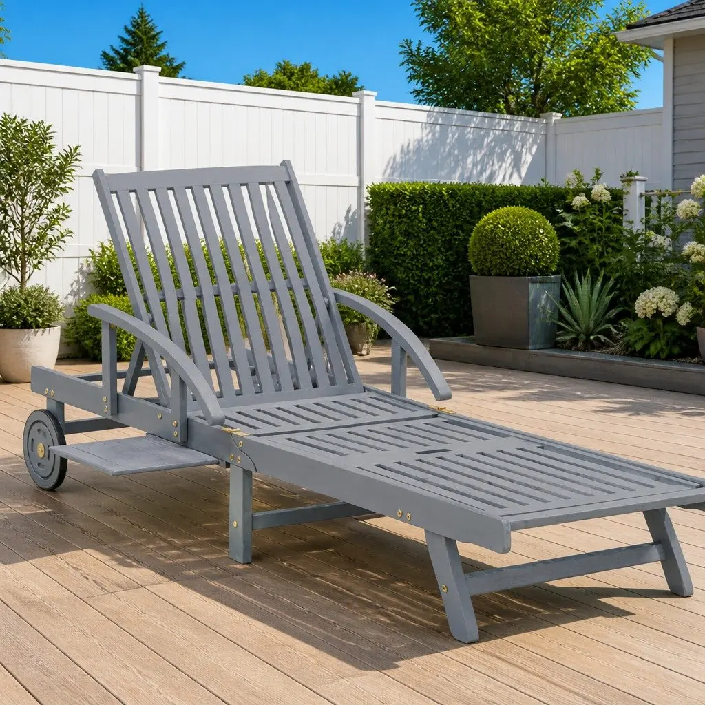 Adjustable Recliner Wooden Sun Lounger Grey Outdoor Garden Patio Chair