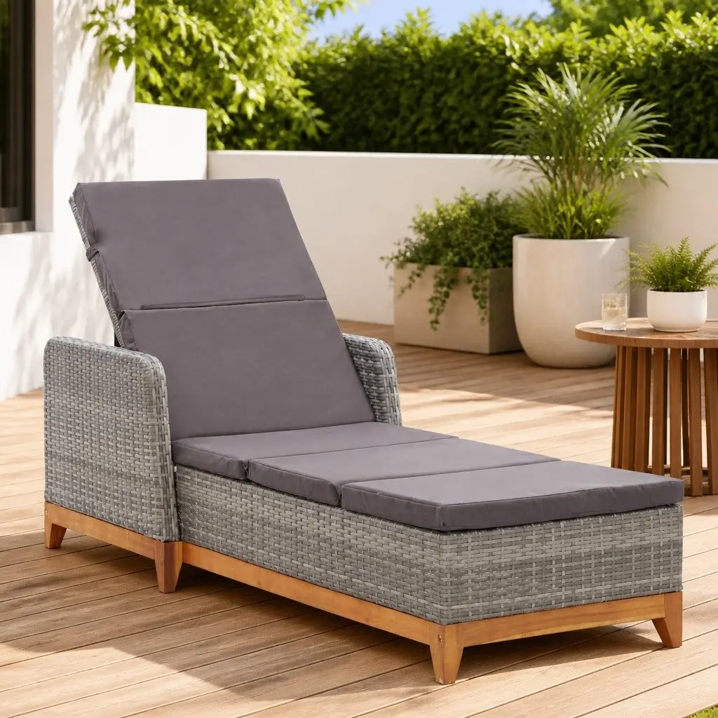 Sun Lounger Outdoor Garden Patio Reclining Backrest Armrests Grey