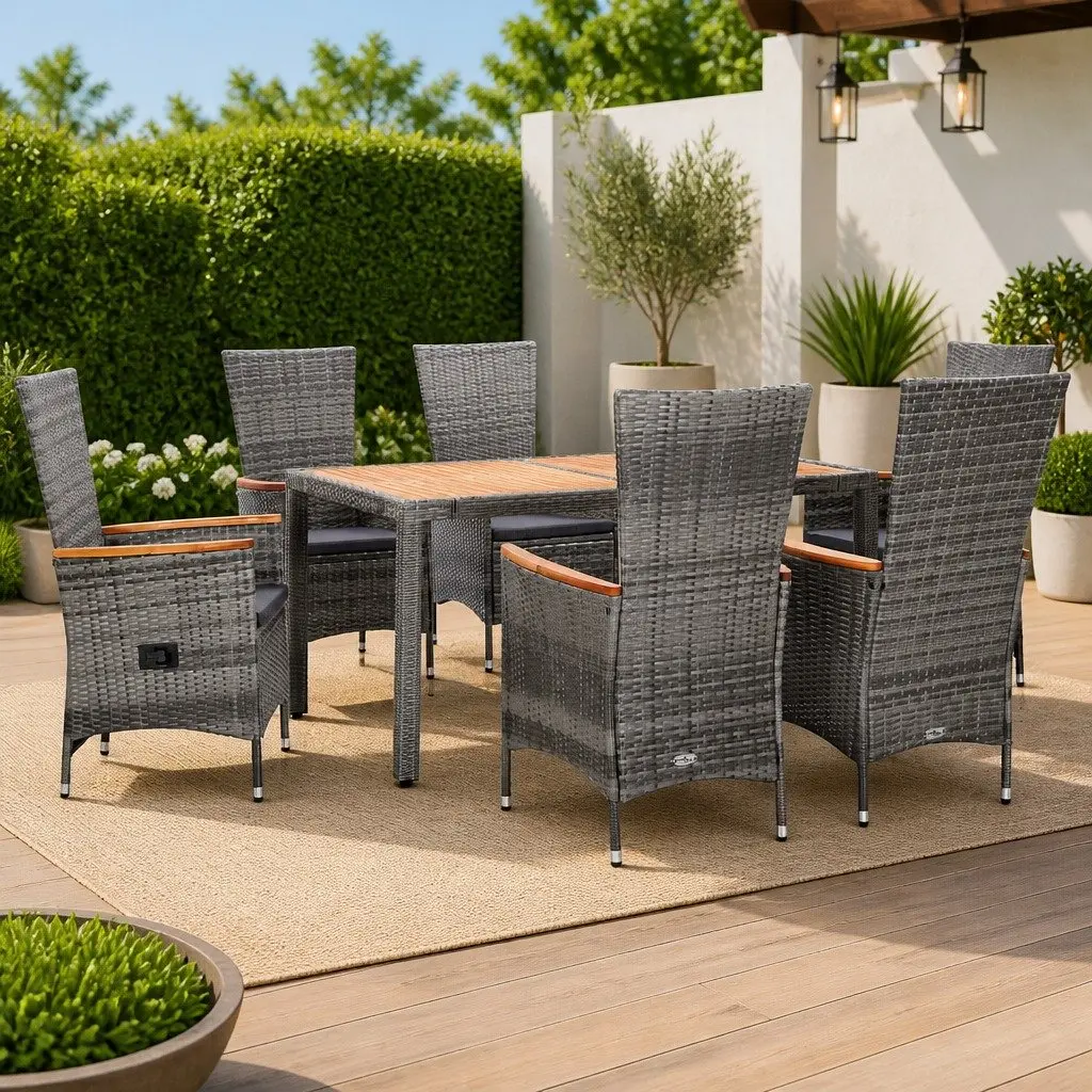 Outdoor Dining Set 7 Piece Garden Furniture Grey Poly Rattan with Cushions