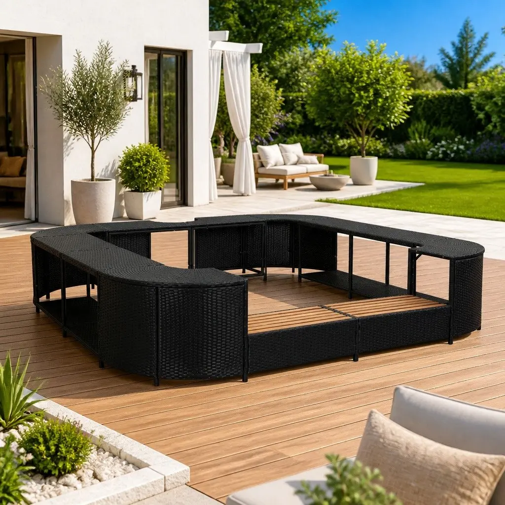 Square Spa Surround Hot Tub Enclosure 268 x 268 cm Black Poly Rattan with Steps