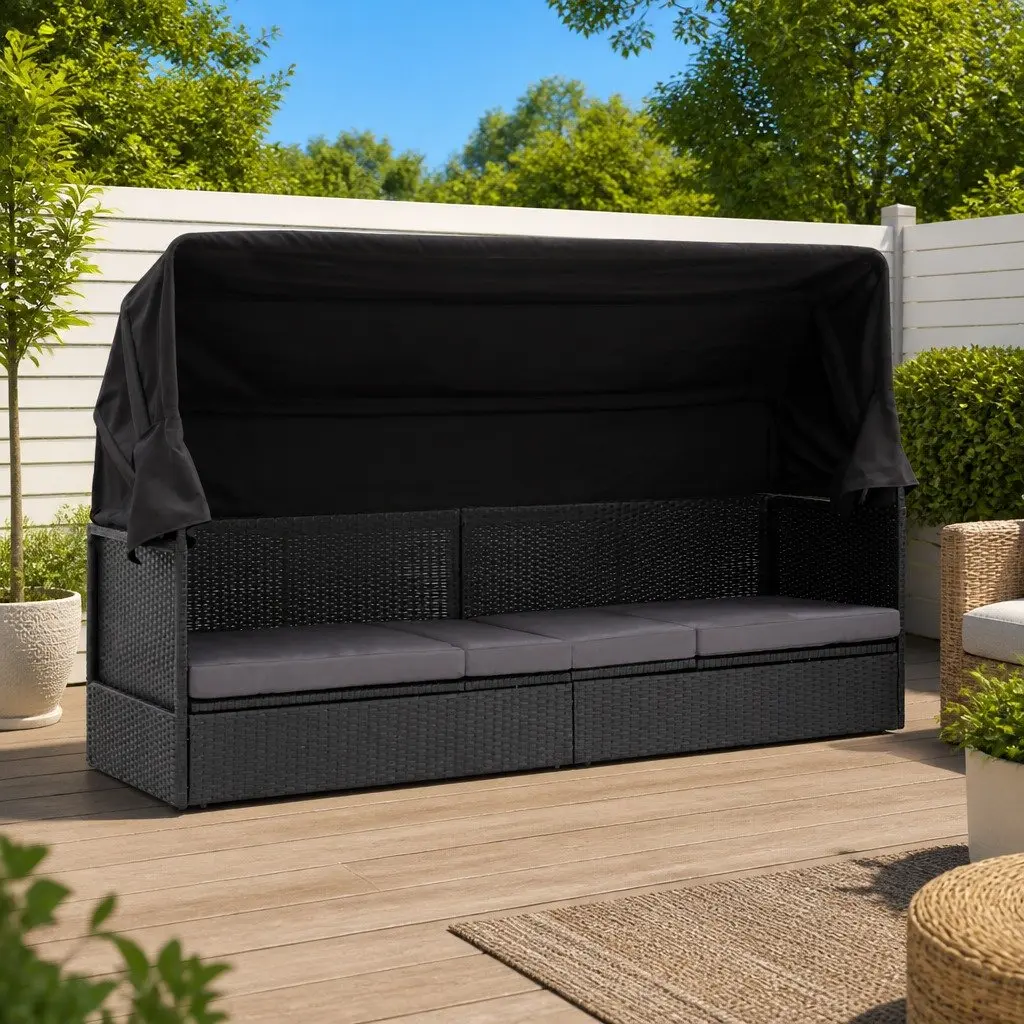 Outdoor Daybed Sun Lounger with Canopy Black PE Rattan Steel Frame