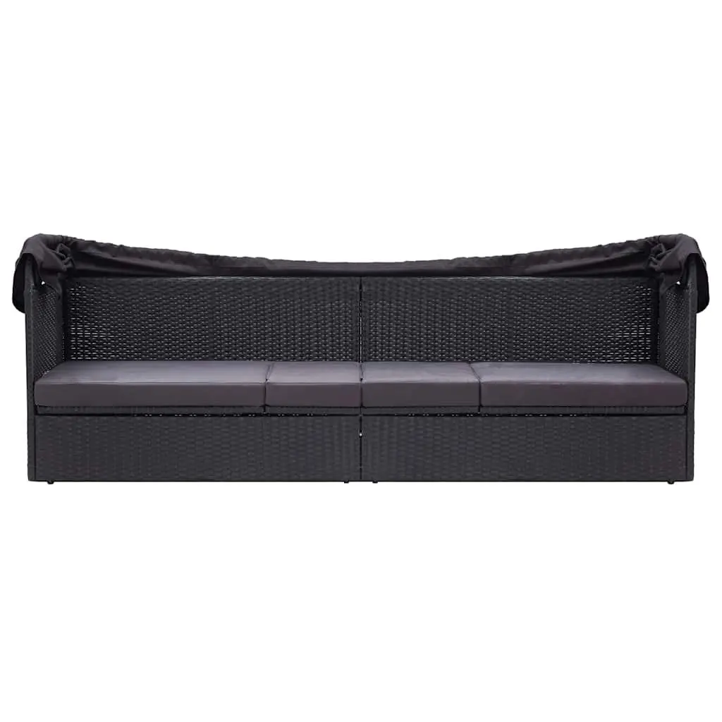 Outdoor Daybed Sun Lounger with Canopy Black PE Rattan Steel Frame