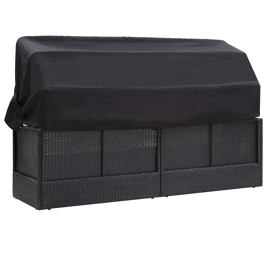Outdoor Daybed Sun Lounger with Canopy Black PE Rattan Steel Frame