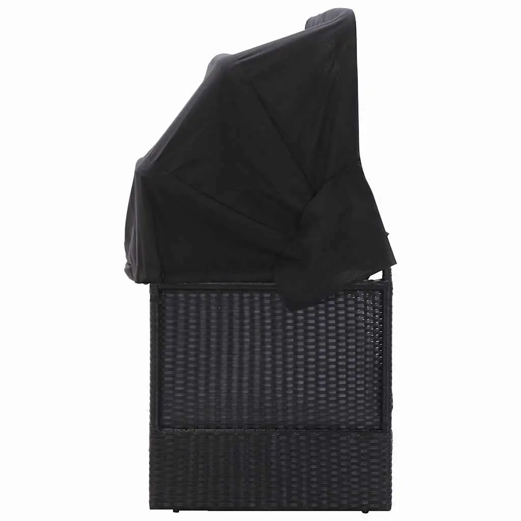 Outdoor Daybed Sun Lounger with Canopy Black PE Rattan Steel Frame