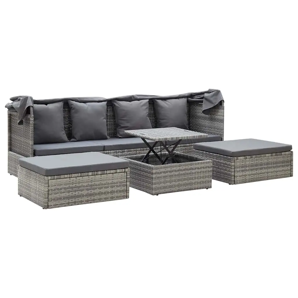 Garden Lounge Bed Outdoor Daybed with Roof Grey Poly Rattan